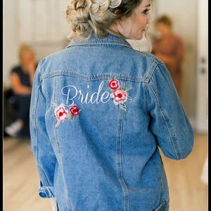 Blue Jean Jacket with Red Floral Embroidery